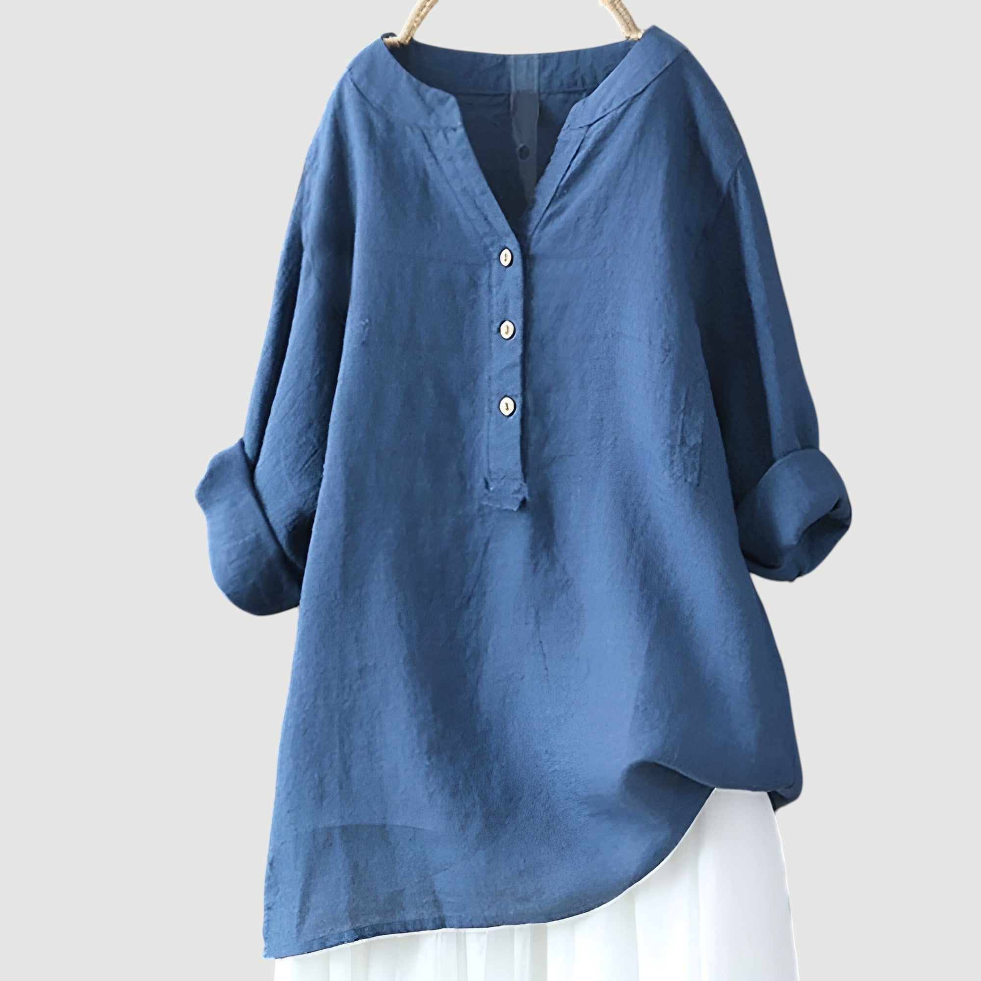Relaxed Linen Tunic Blouse with V-Neckline and Roll-Up Sleeves