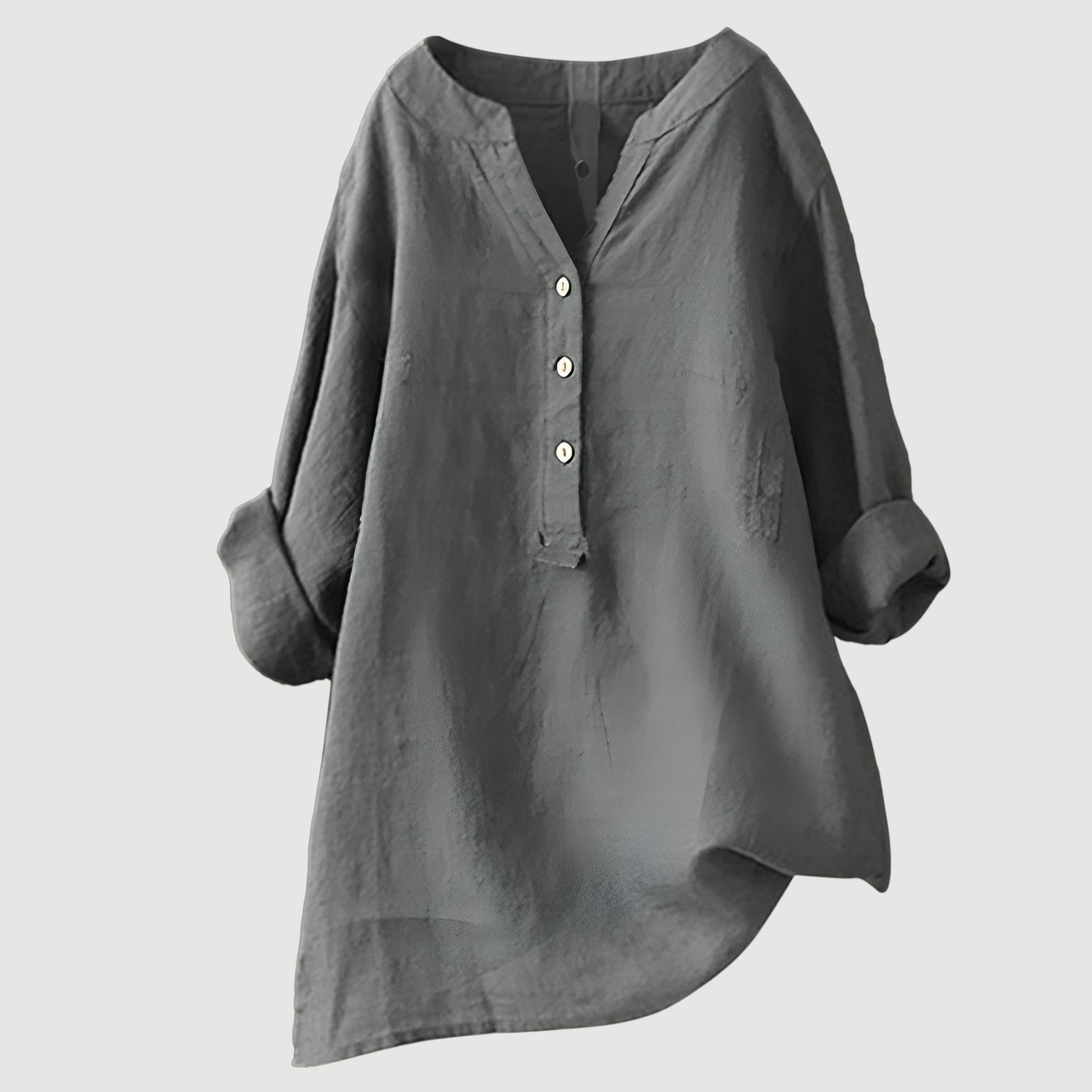 Relaxed Linen Tunic Blouse with V-Neckline and Roll-Up Sleeves