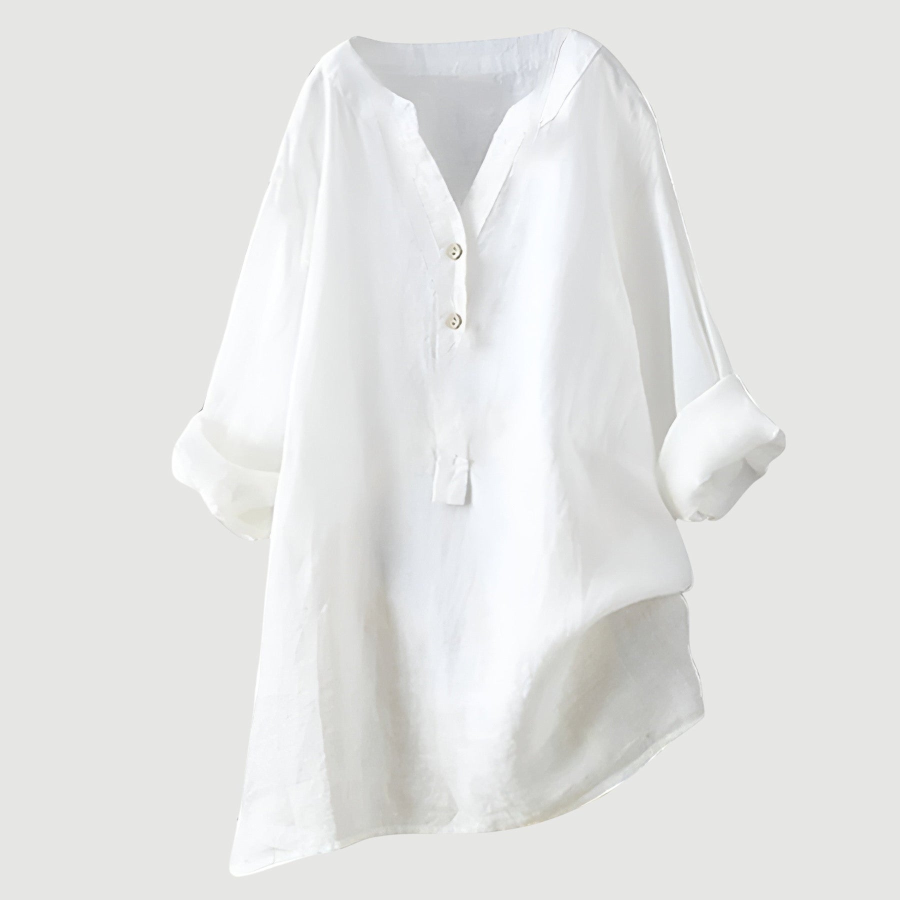 Relaxed Linen Tunic Blouse with V-Neckline and Roll-Up Sleeves