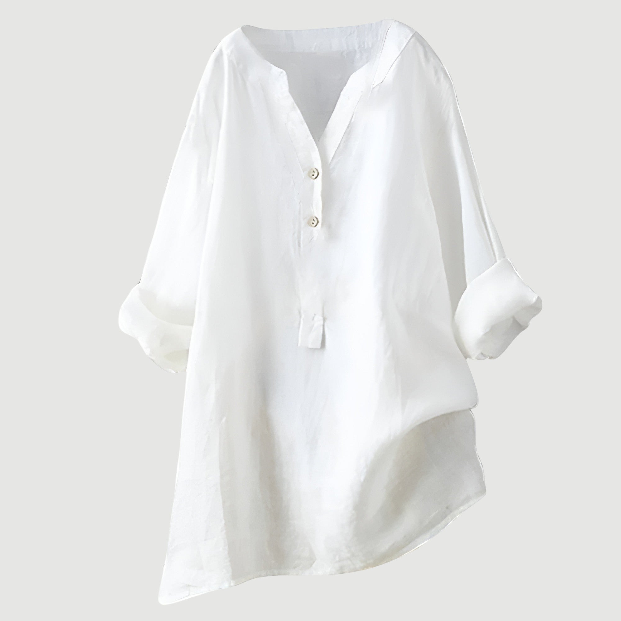 Relaxed Linen Tunic Blouse with V-Neckline and Roll-Up Sleeves