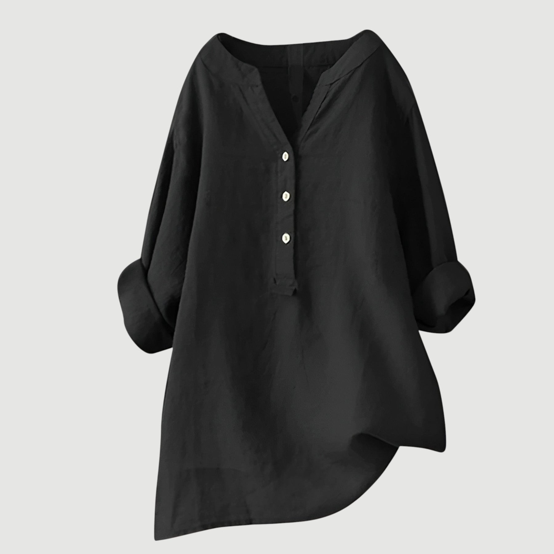 Relaxed Linen Tunic Blouse with V-Neckline and Roll-Up Sleeves