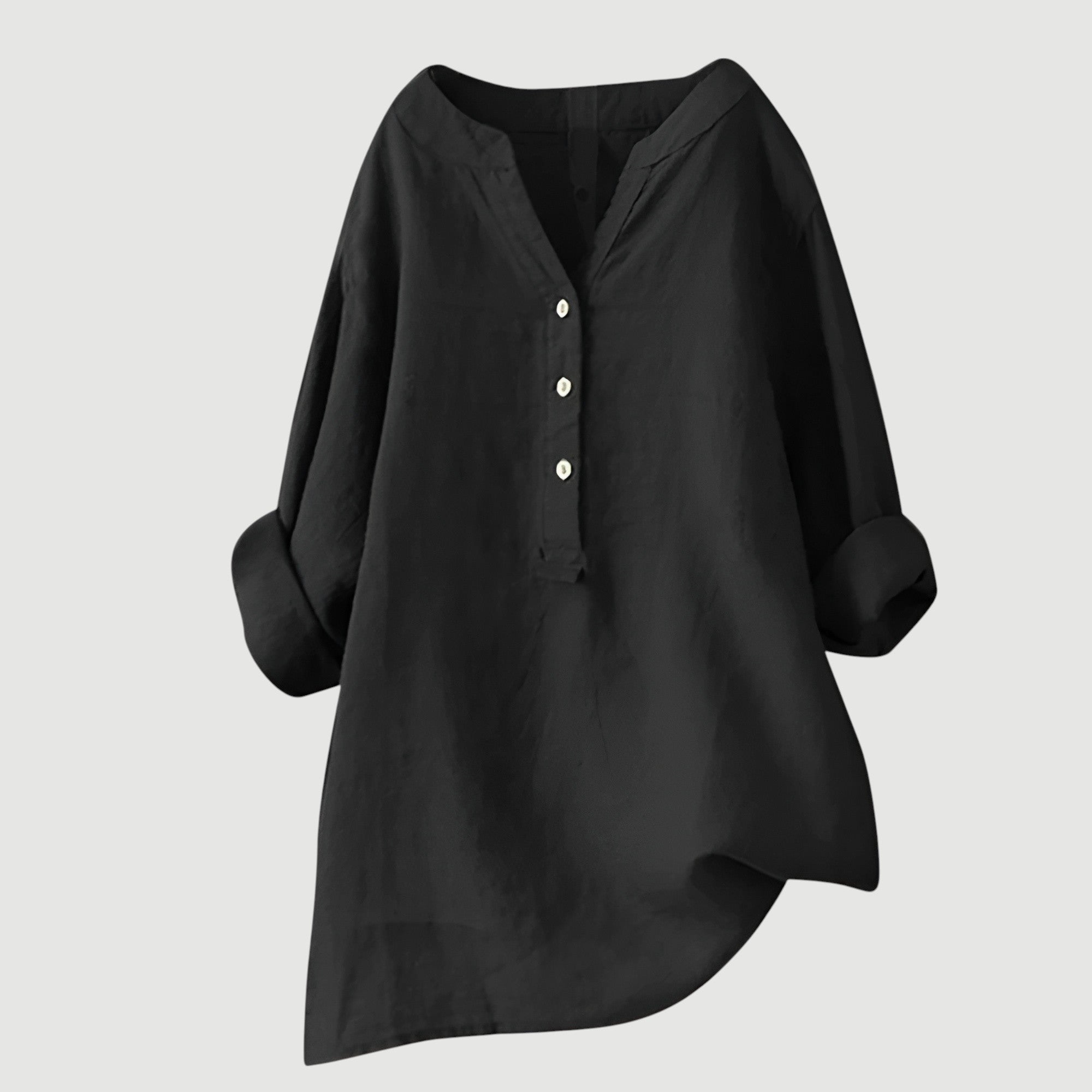 Relaxed Linen Tunic Blouse with V-Neckline and Roll-Up Sleeves