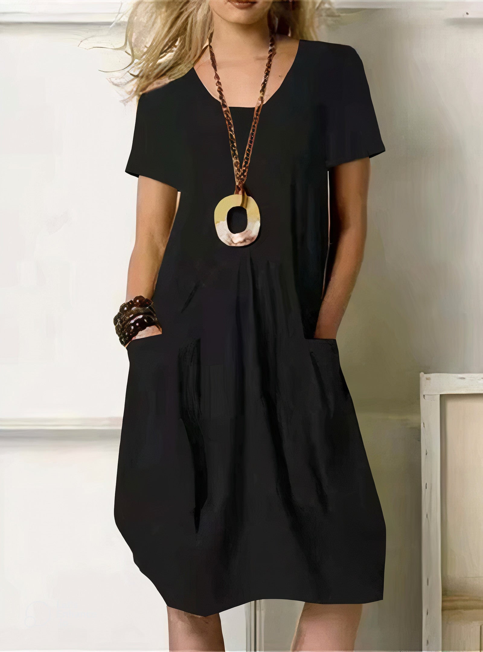 Relaxed Linen V-Neck Midi Dress with Bubble Skirt and Front Pockets