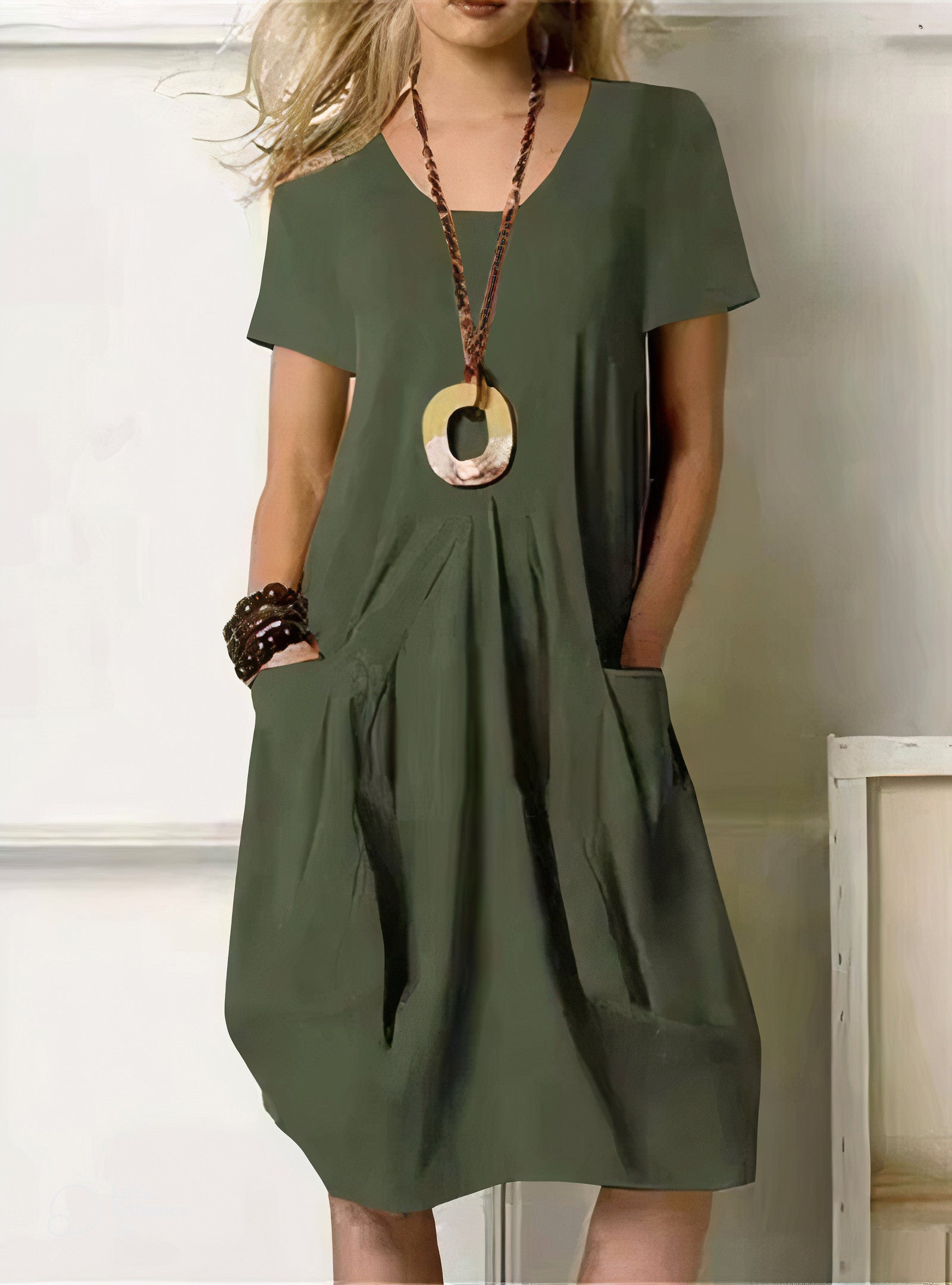Relaxed Linen V-Neck Midi Dress with Bubble Skirt and Front Pockets