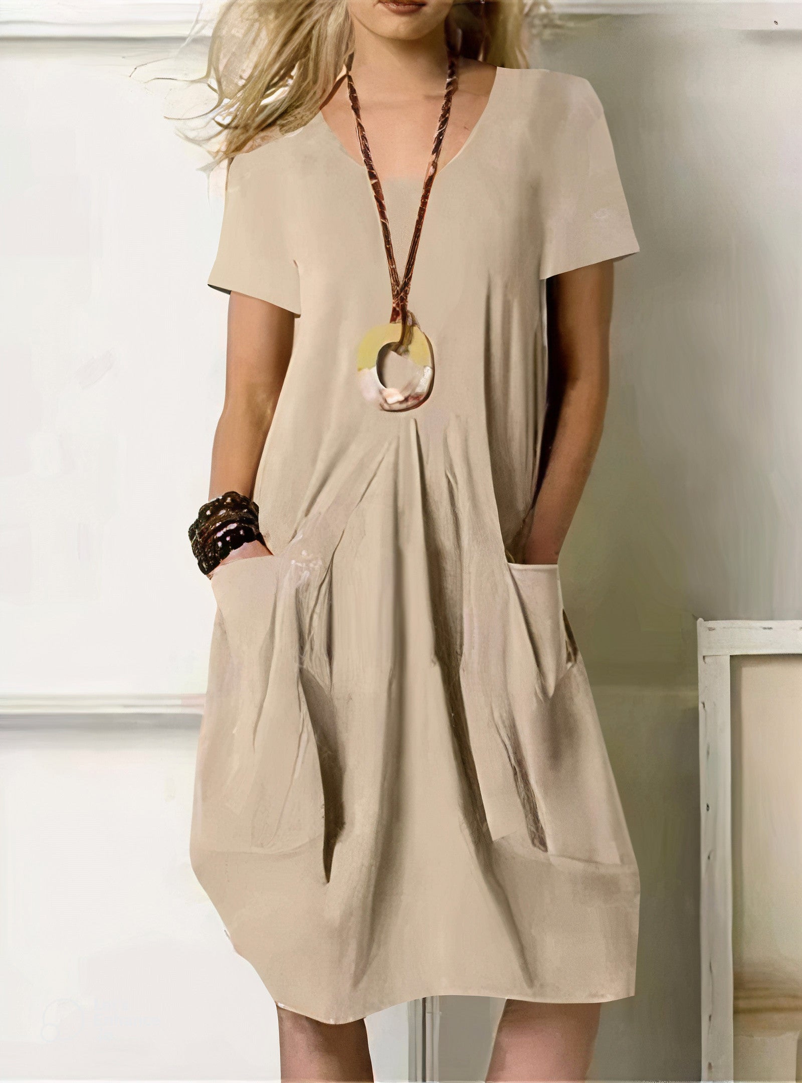 Relaxed Linen V-Neck Midi Dress with Bubble Skirt and Front Pockets