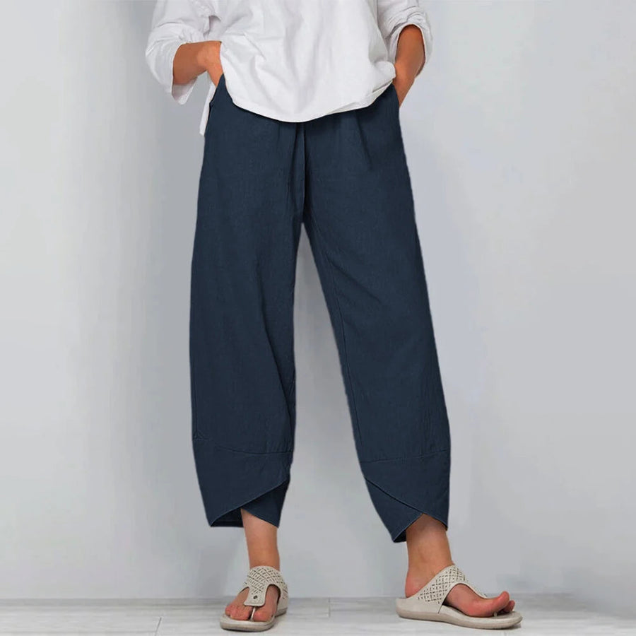 Relaxed Linen Wide Leg Trousers with Asymmetric Hem