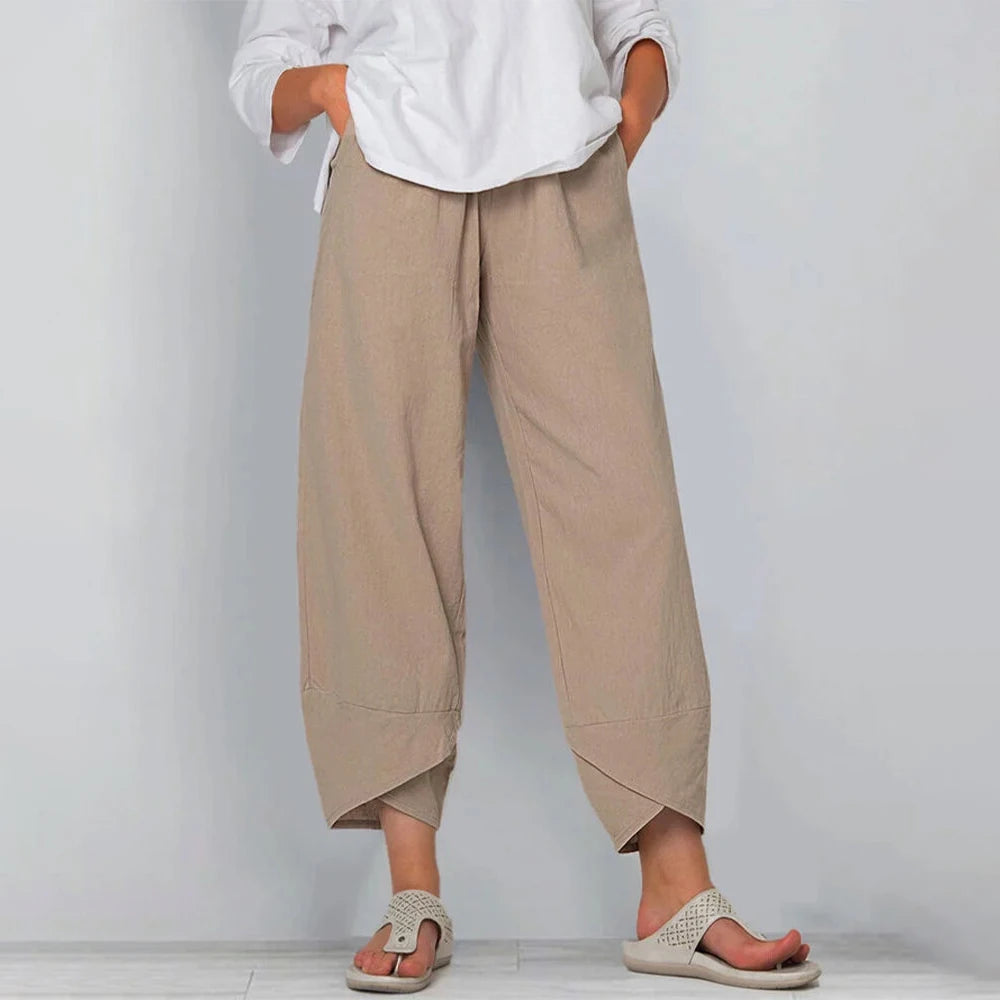 Relaxed Linen Wide Leg Trousers with Asymmetric Hem