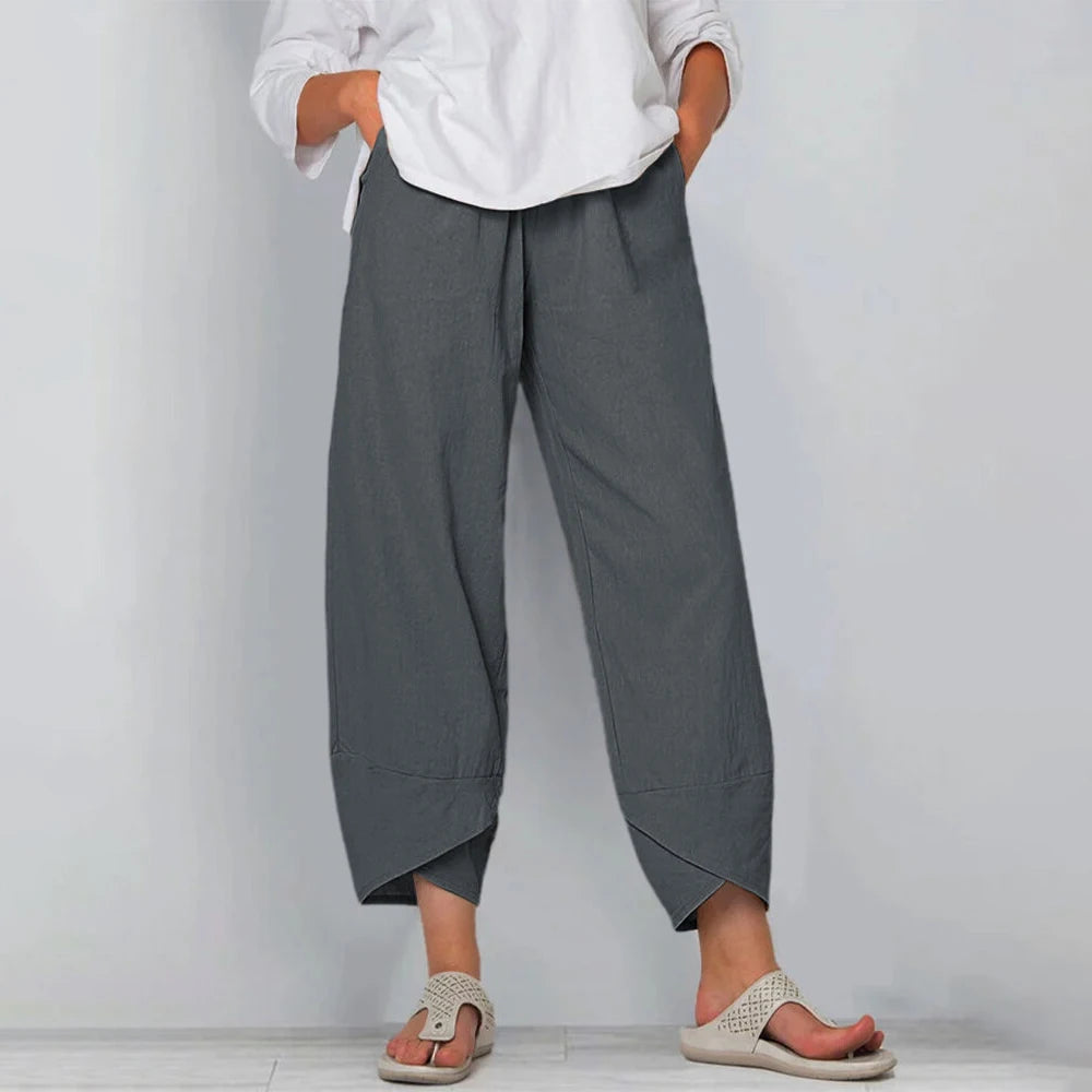 Relaxed Linen Wide Leg Trousers with Asymmetric Hem