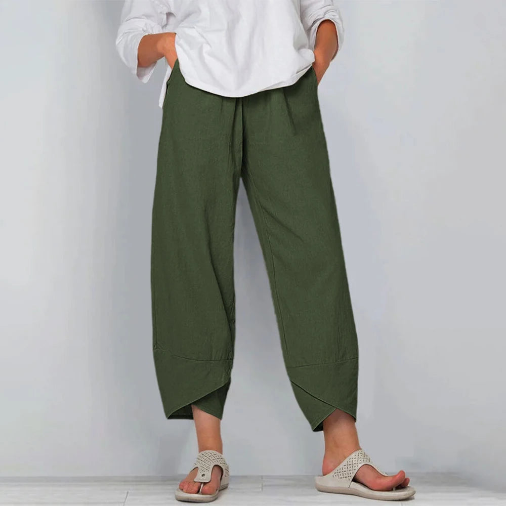 Relaxed Linen Wide Leg Trousers with Asymmetric Hem