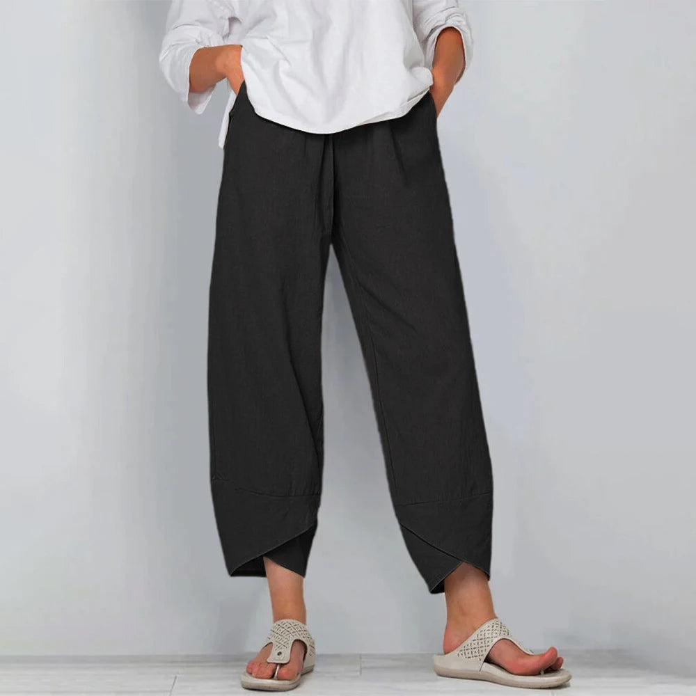 Relaxed Linen Wide Leg Trousers with Asymmetric Hem