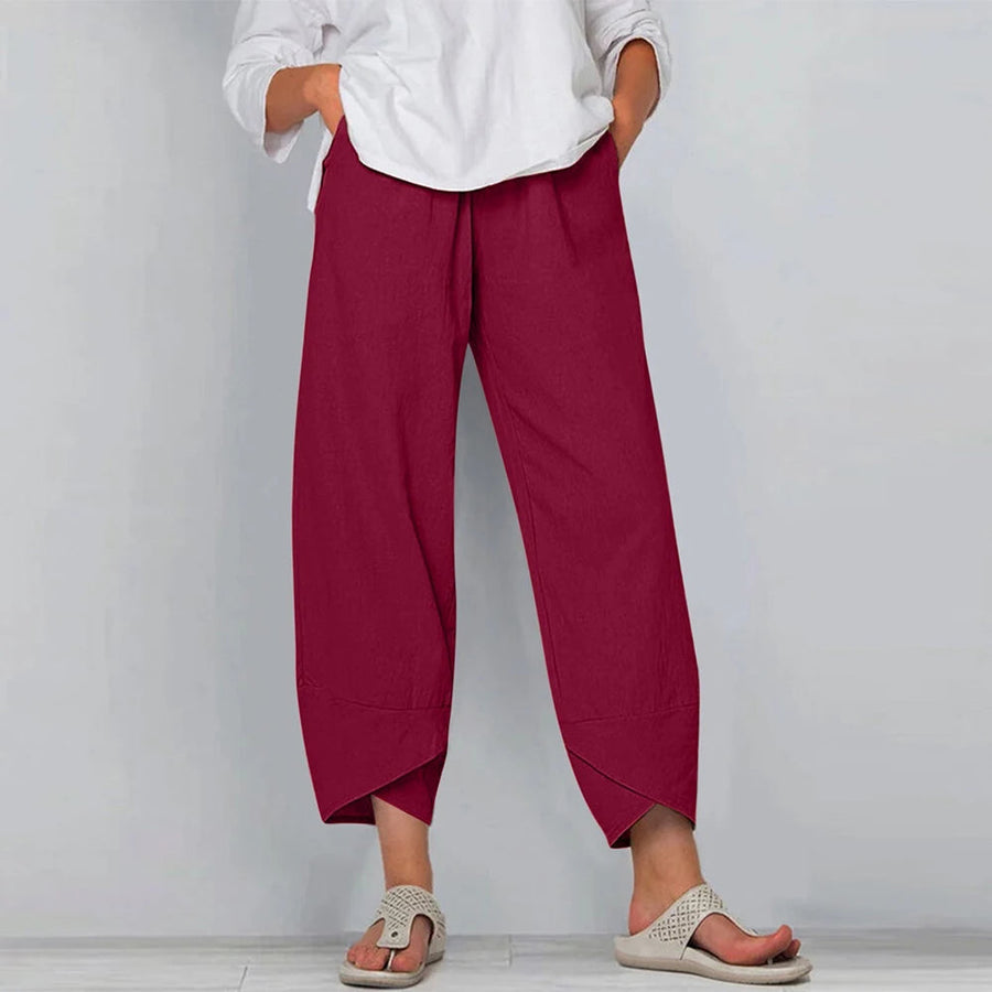 Relaxed Linen Wide Leg Trousers with Asymmetric Hem