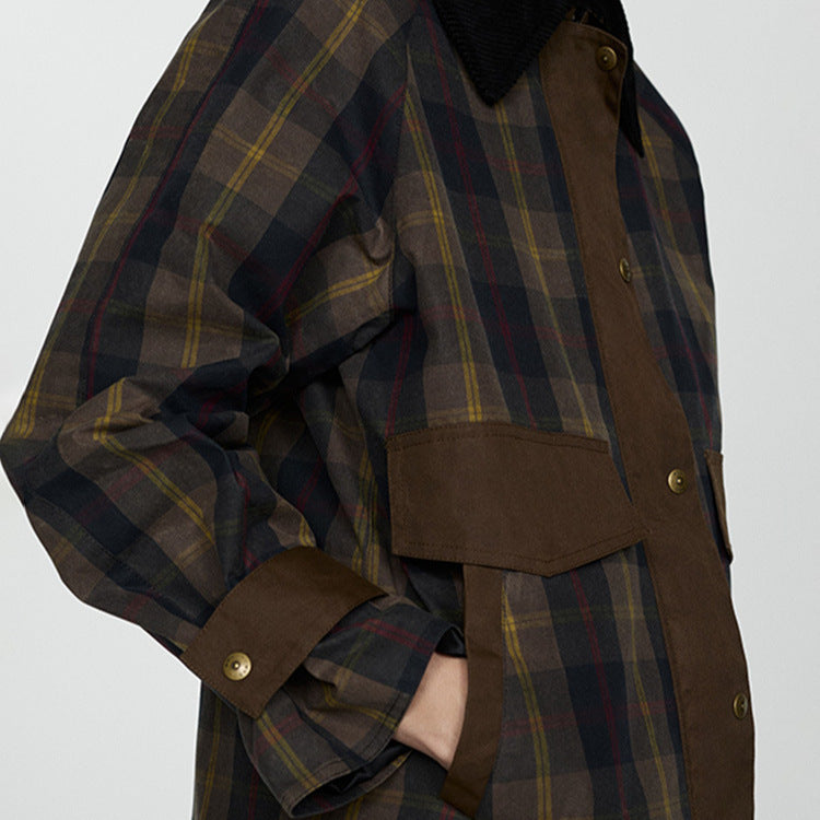 Relaxed Plaid Jacket with Corduroy Collar and Snap Buttons
