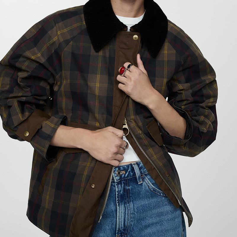 Relaxed Plaid Jacket with Corduroy Collar and Snap Buttons