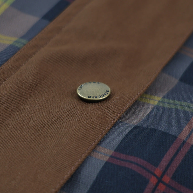 Relaxed Plaid Jacket with Corduroy Collar and Snap Buttons