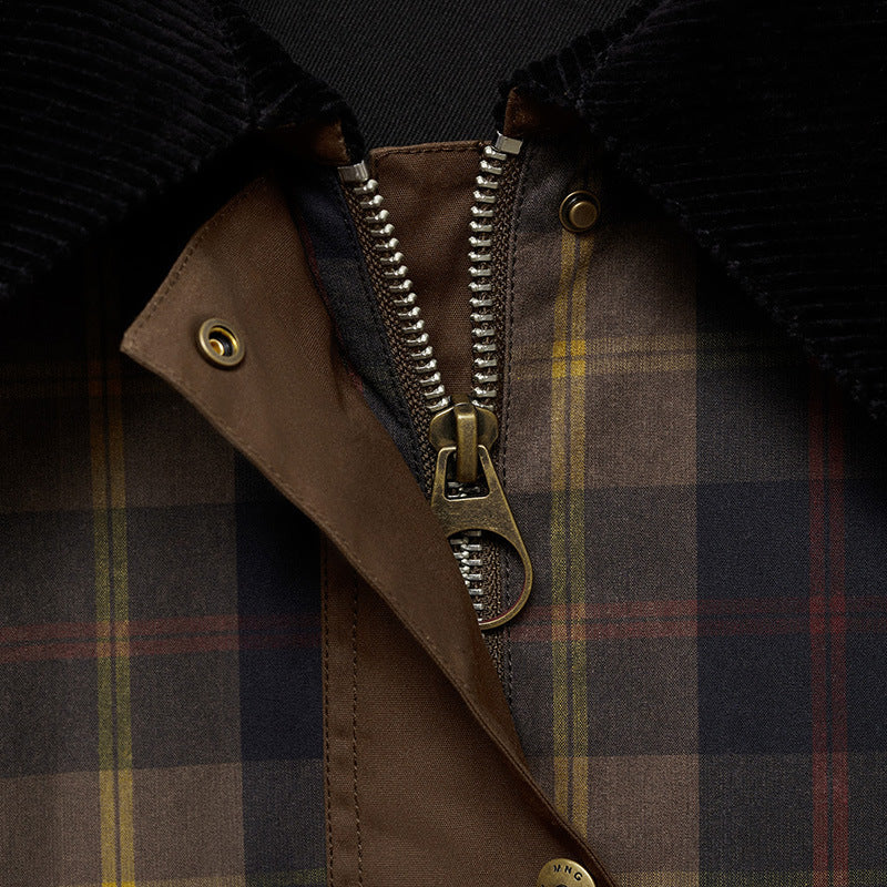 Relaxed Plaid Jacket with Corduroy Collar and Snap Buttons