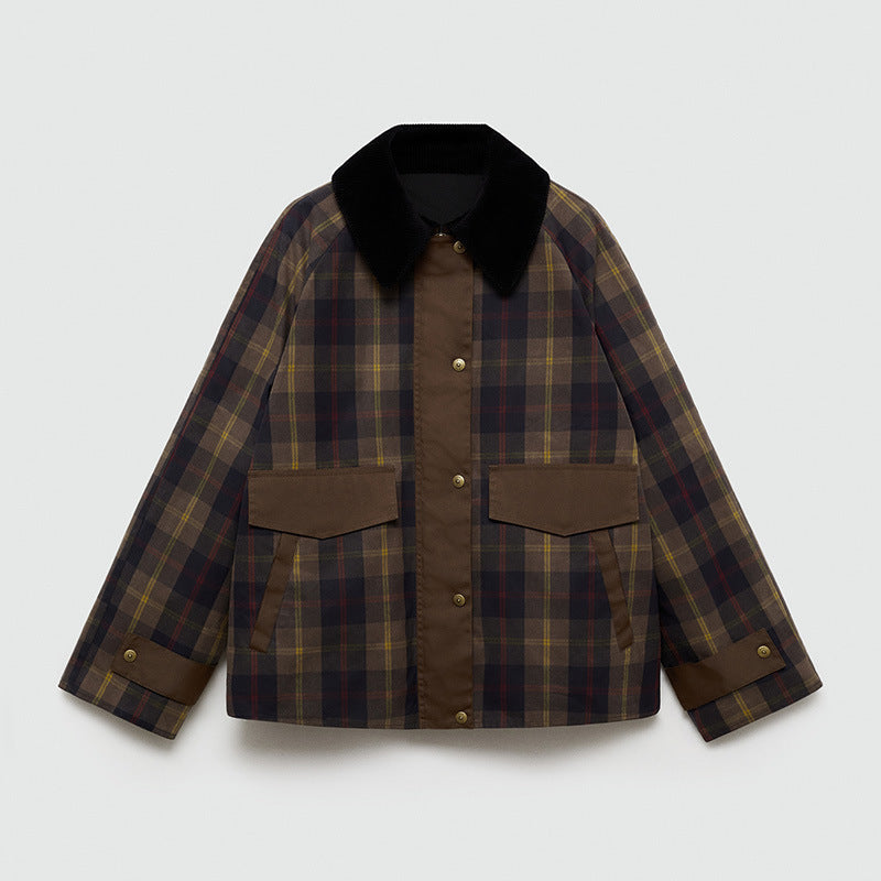 Relaxed Plaid Jacket with Corduroy Collar and Snap Buttons