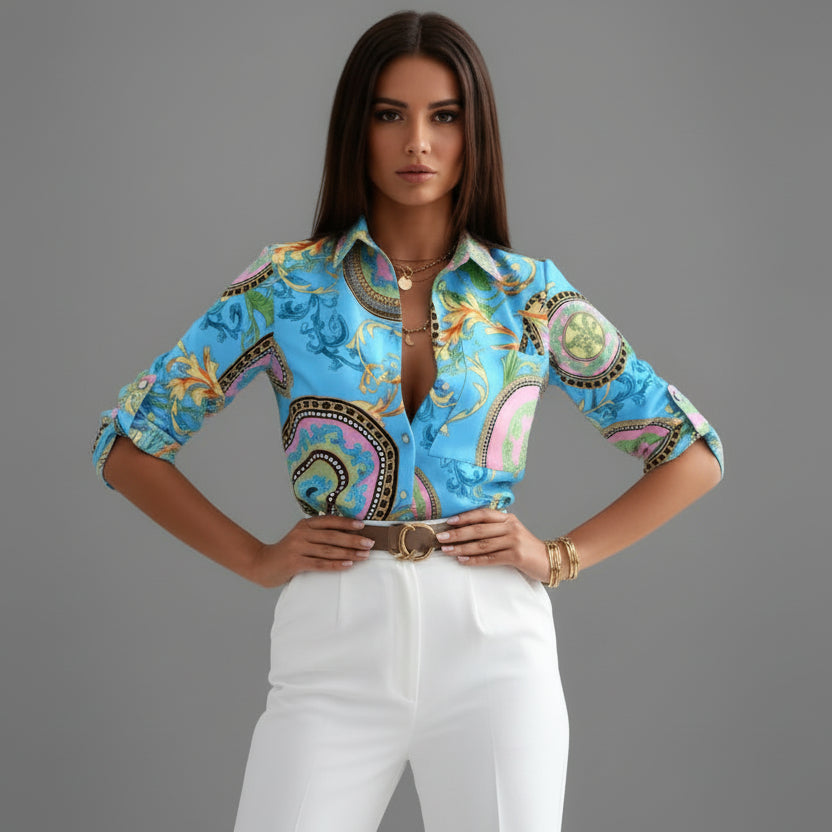 Relaxed Printed Shirt with Classic Collar and Roll Up Sleeves
