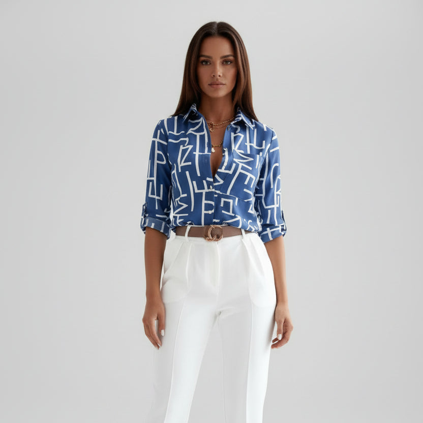 Relaxed Printed Shirt with Classic Collar and Roll Up Sleeves