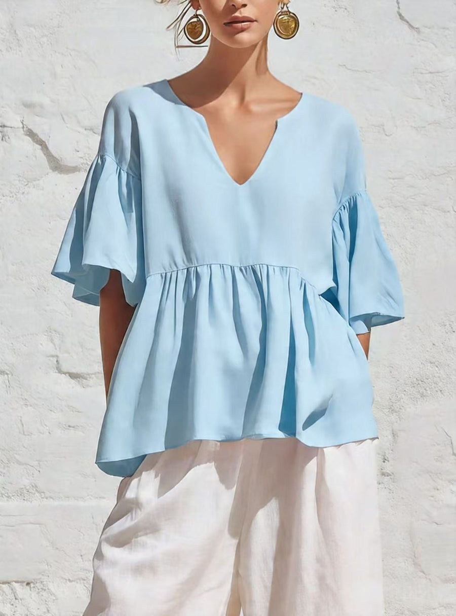 Relaxed Ruffle Hem Blouse with V-Neckline and Flutter Sleeves