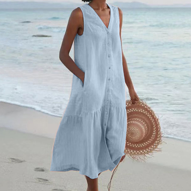Relaxed Sleeveless Linen Midi Dress with Tiered Hem