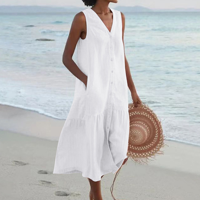 Relaxed Sleeveless Linen Midi Dress with Tiered Hem