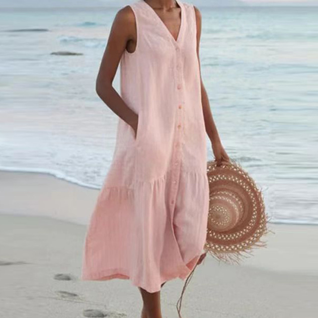 Relaxed Sleeveless Linen Midi Dress with Tiered Hem