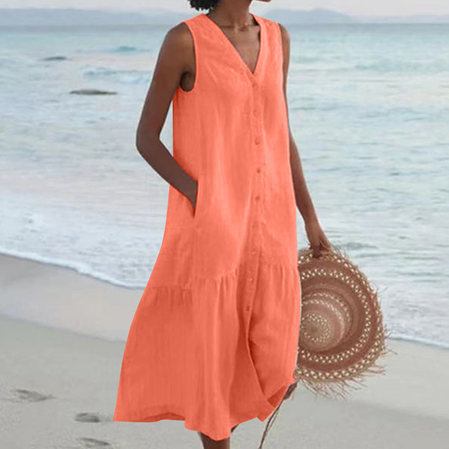 Relaxed Sleeveless Linen Midi Dress with Tiered Hem