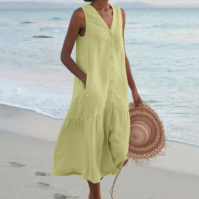 Relaxed Sleeveless Linen Midi Dress with Tiered Hem