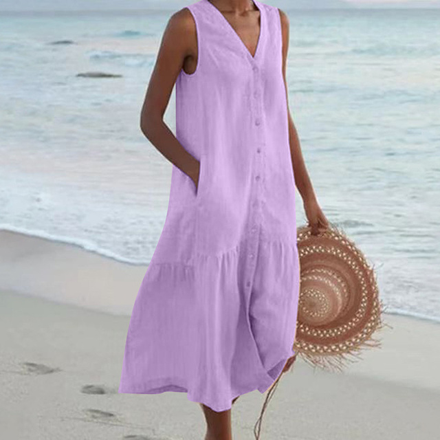 Relaxed Sleeveless Linen Midi Dress with Tiered Hem