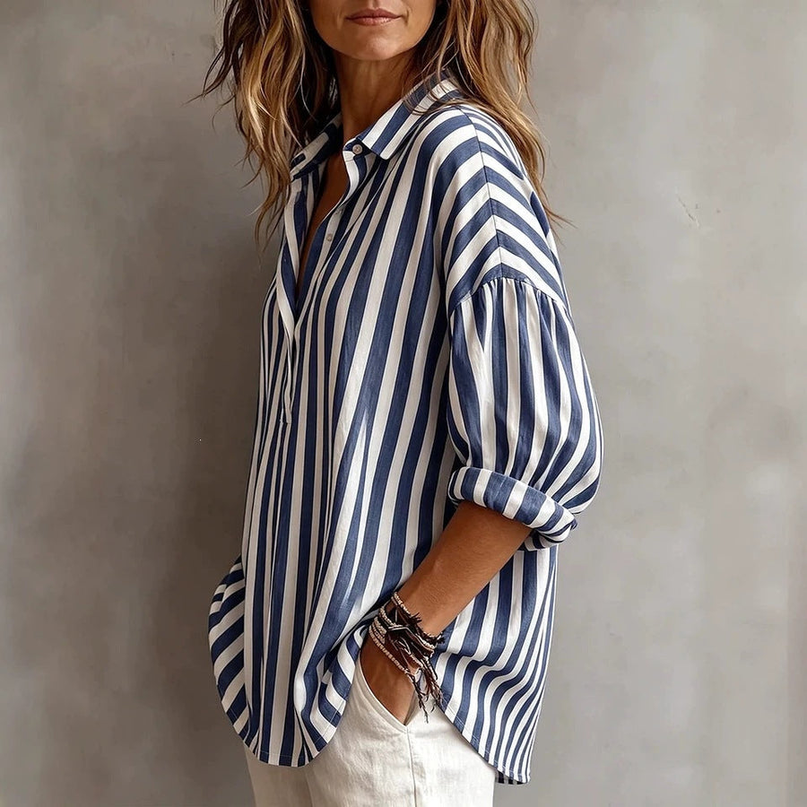 Relaxed Striped Blouse with Collar and Three Quarter Sleeves