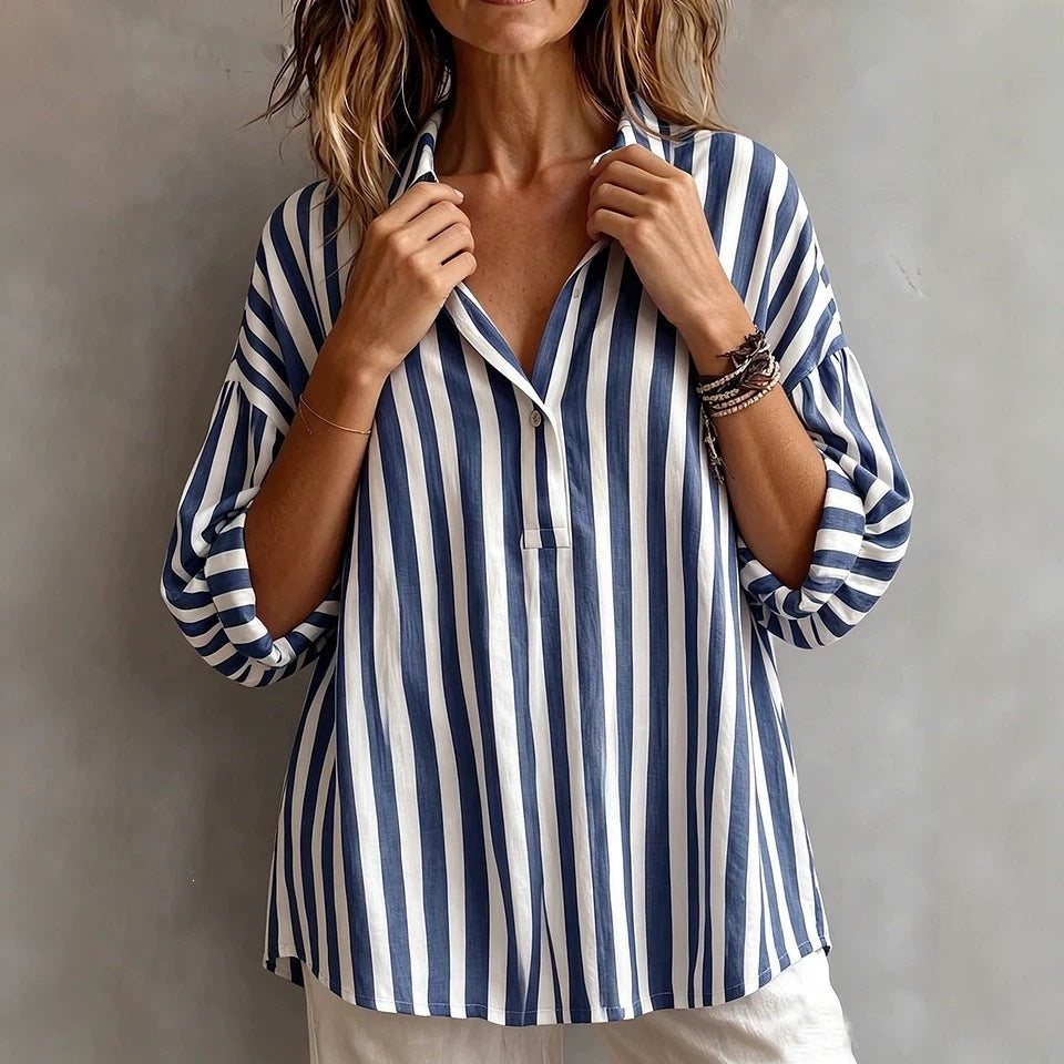 Relaxed Striped Blouse with Collar and Three Quarter Sleeves