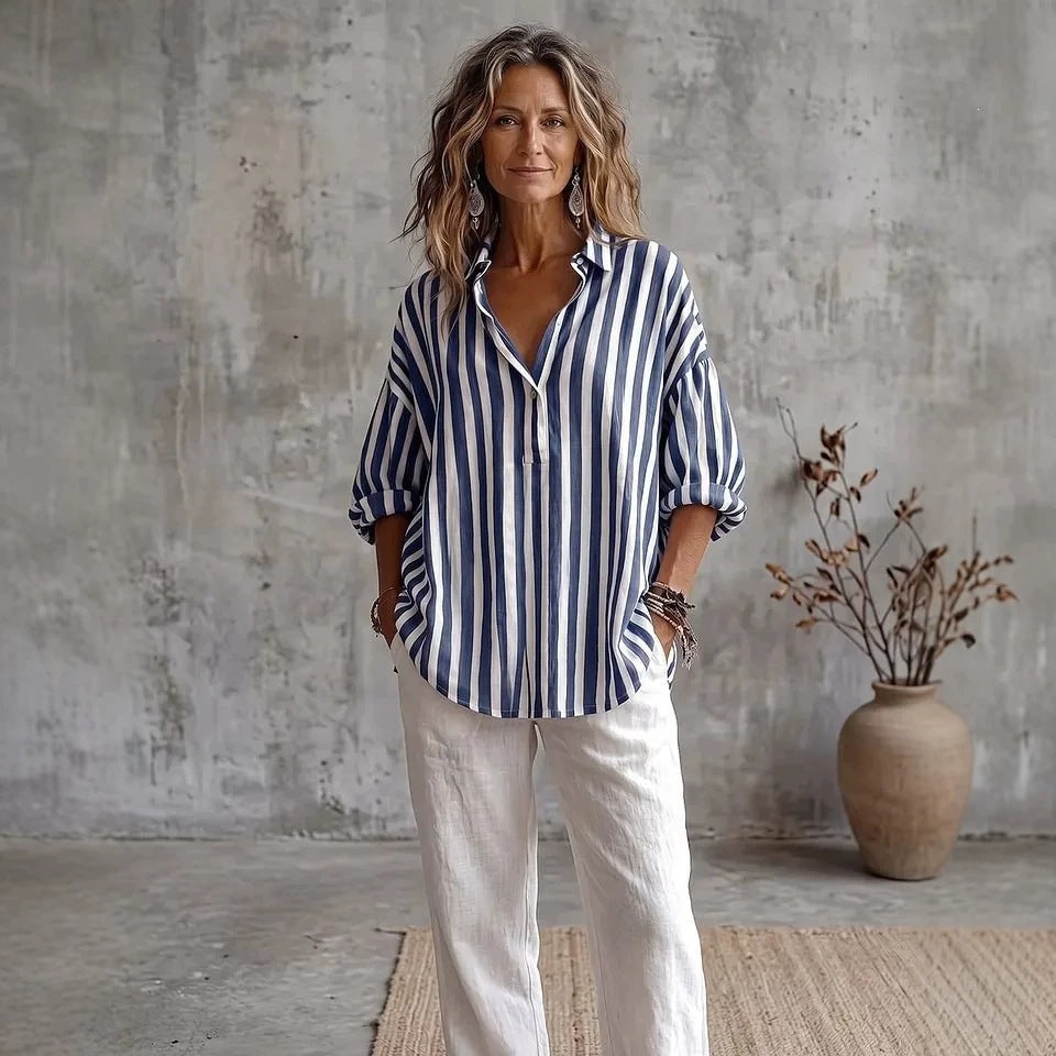 Relaxed Striped Blouse with Collar and Three Quarter Sleeves