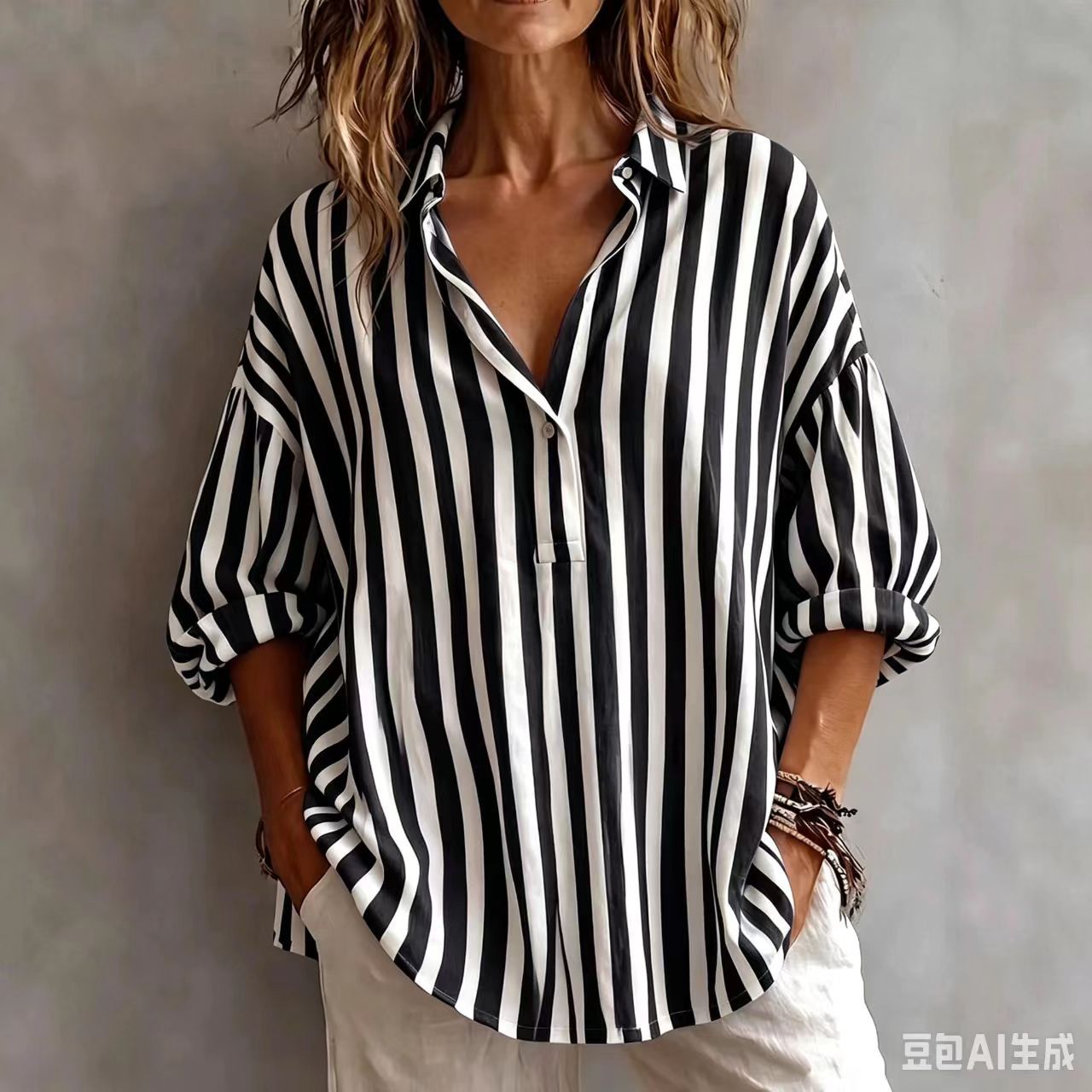 Relaxed Striped Blouse with Collar and Three Quarter Sleeves