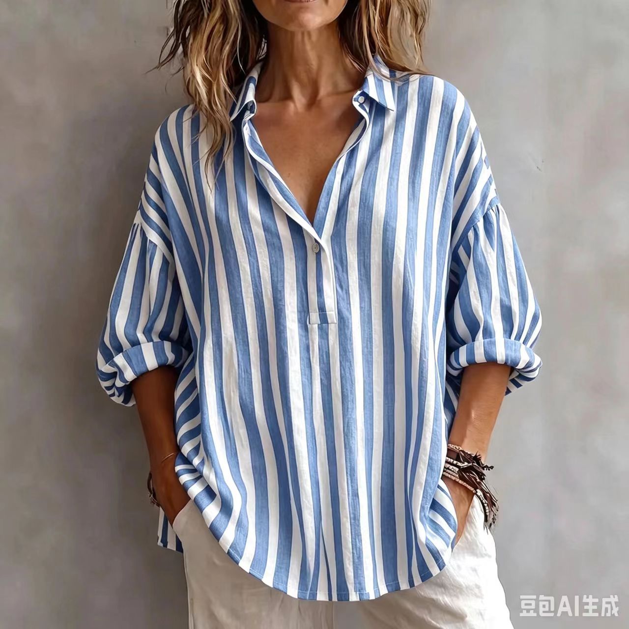 Relaxed Striped Blouse with Collar and Three Quarter Sleeves