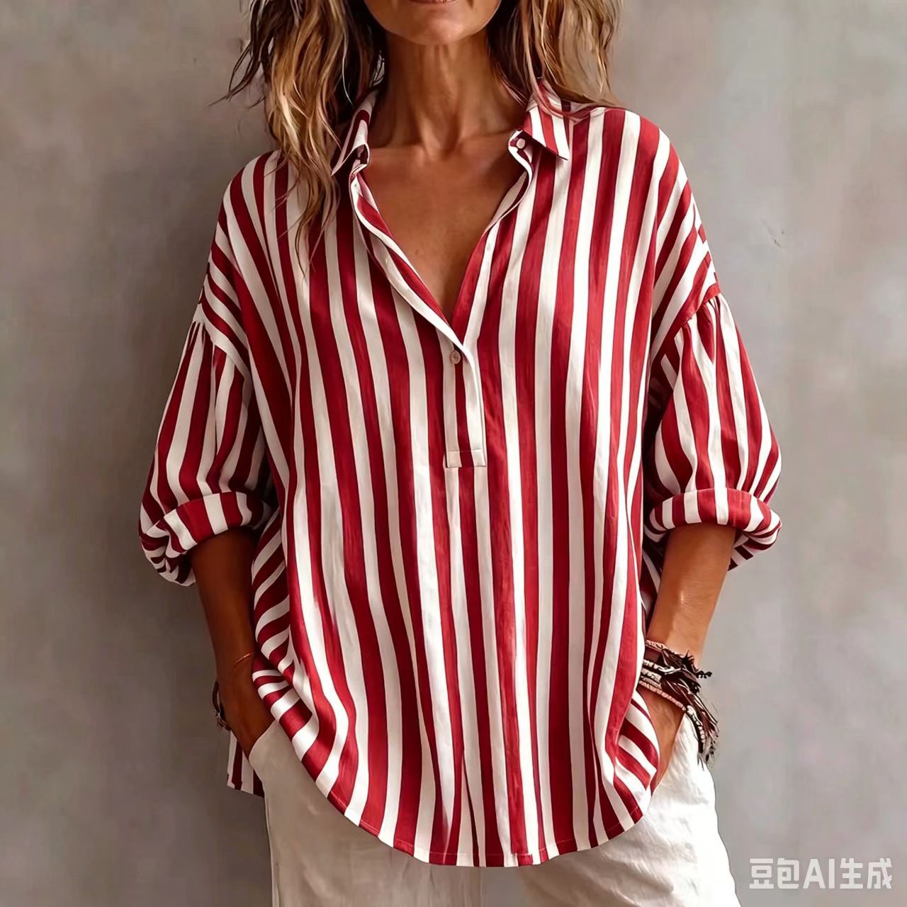 Relaxed Striped Blouse with Collar and Three Quarter Sleeves