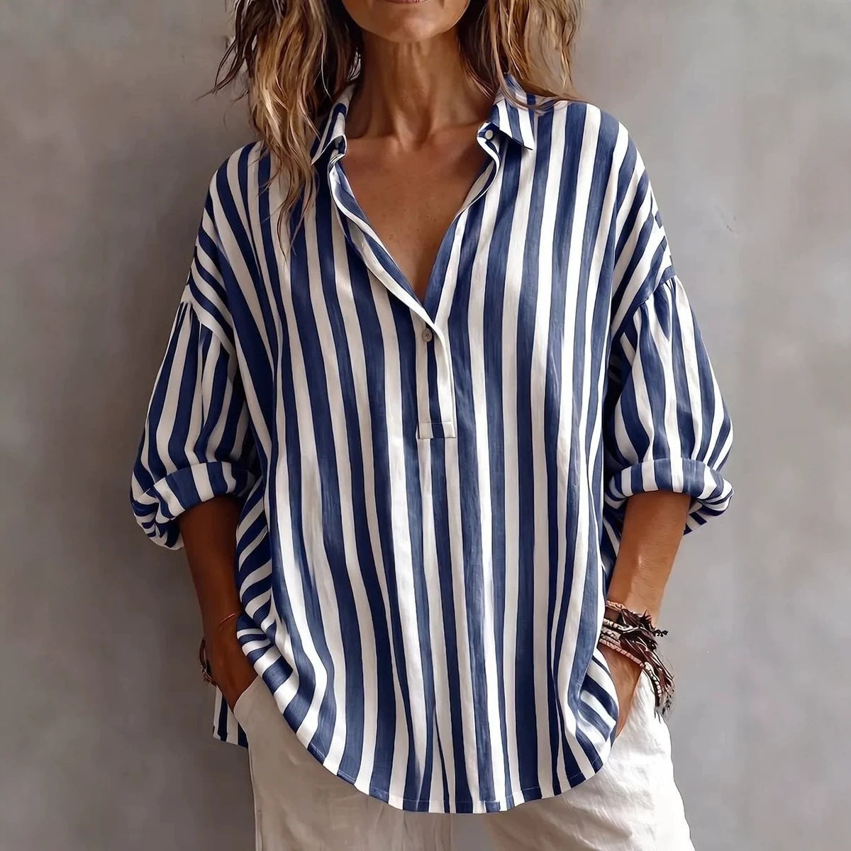 Relaxed Striped Blouse with Collar and Three Quarter Sleeves