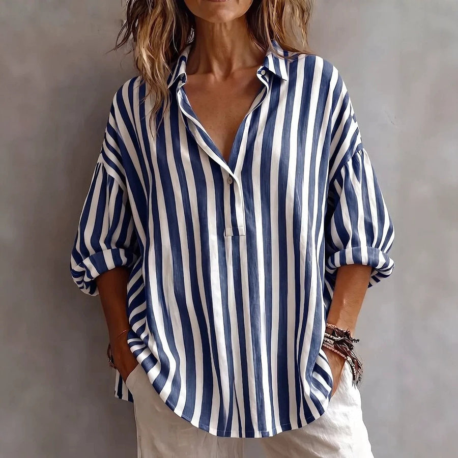 Relaxed Striped Blouse with Collar and Three Quarter Sleeves
