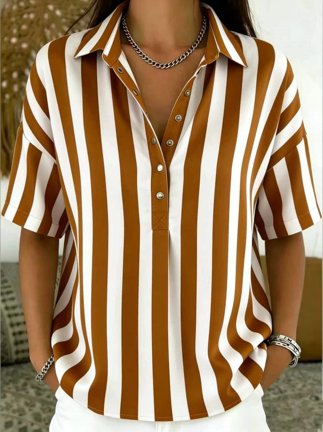 Relaxed Striped Blouse with Collared Neck and Short Sleeves