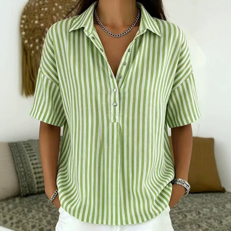 Relaxed Striped Blouse with Collared Neck and Short Sleeves