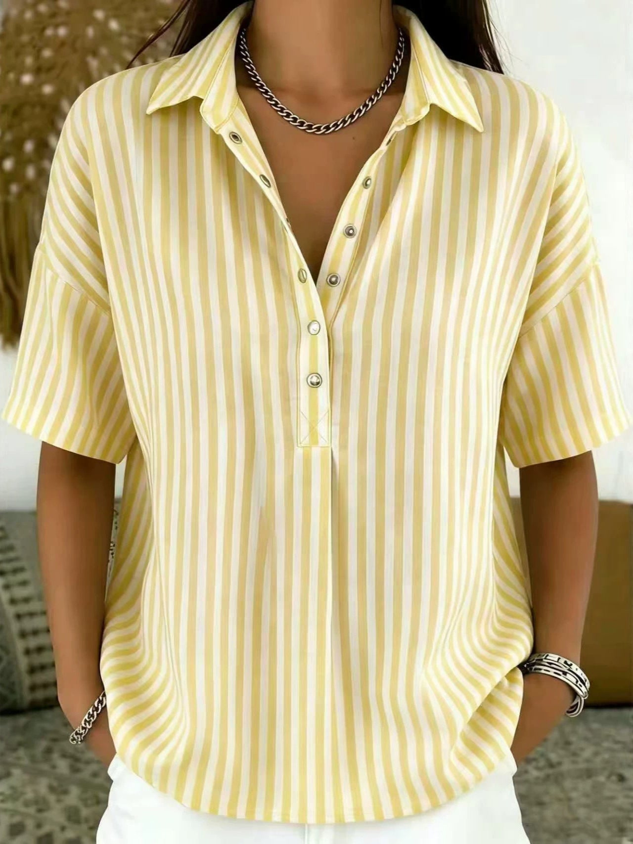 Relaxed Striped Blouse with Collared Neck and Short Sleeves