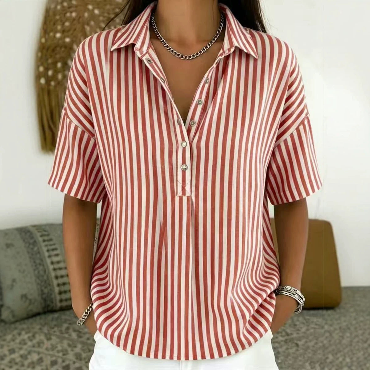 Relaxed Striped Blouse with Collared Neck and Short Sleeves