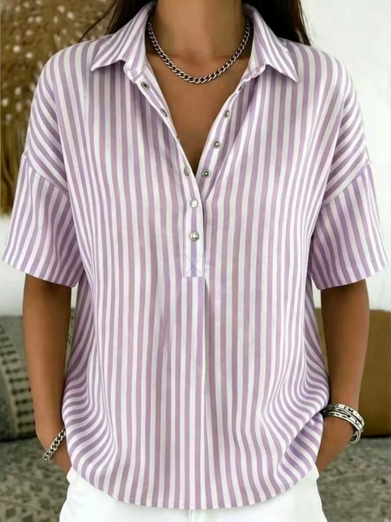 Relaxed Striped Blouse with Collared Neck and Short Sleeves