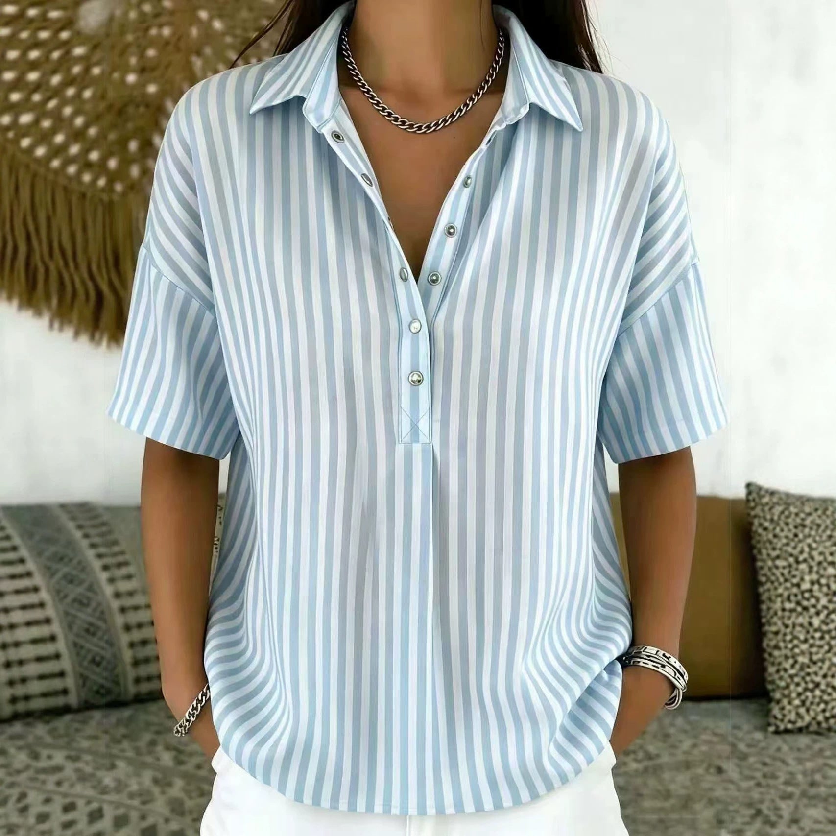 Relaxed Striped Blouse with Collared Neck and Short Sleeves