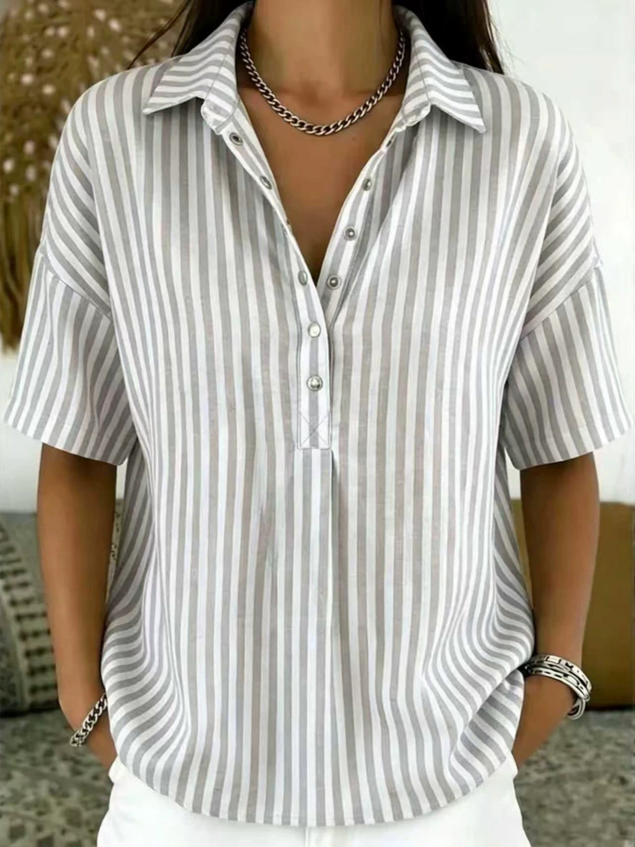 Relaxed Striped Blouse with Collared Neck and Short Sleeves