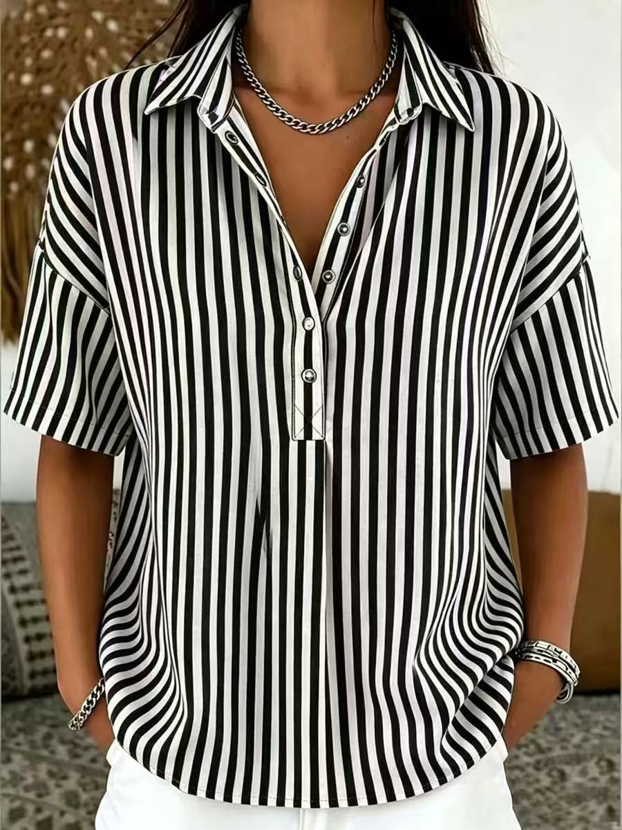 Relaxed Striped Blouse with Collared Neck and Short Sleeves