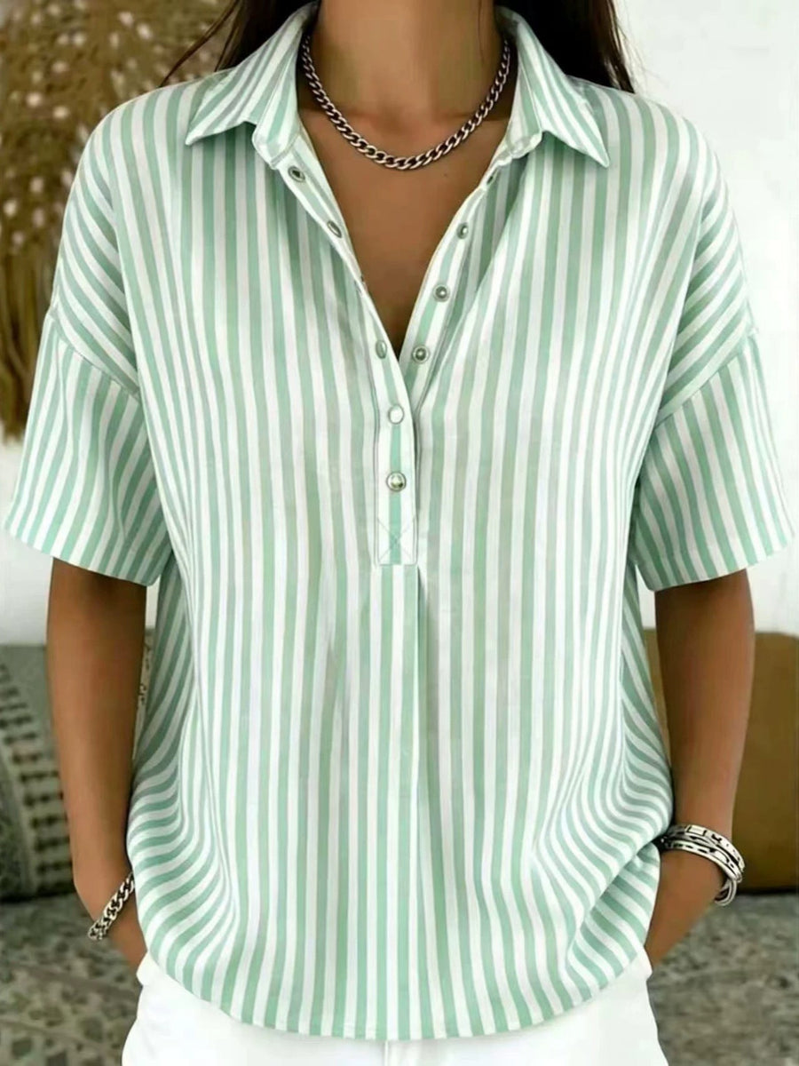 Relaxed Striped Blouse with Collared Neck and Short Sleeves