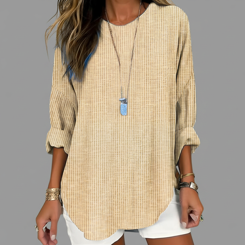 Relaxed Striped Blouse with Round Neck and Roll Up Sleeves