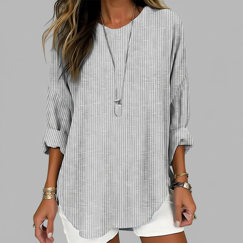 Relaxed Striped Blouse with Round Neck and Roll Up Sleeves