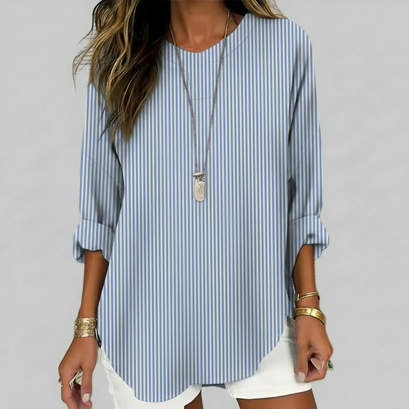 Relaxed Striped Blouse with Round Neck and Roll Up Sleeves