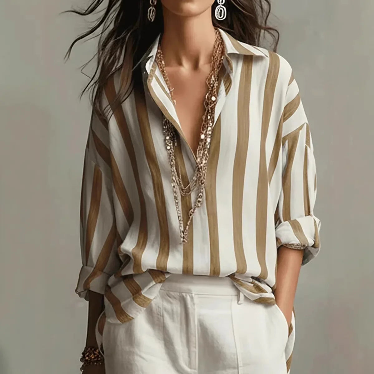 Relaxed Striped Linen Blouse with Collared Neckline and Long Sleeves